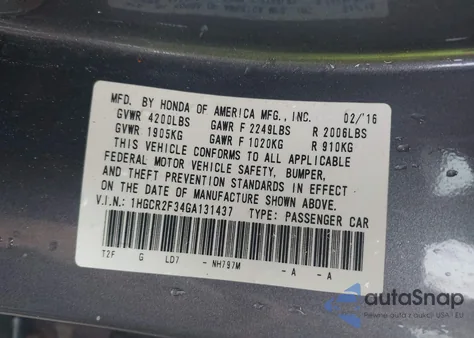 2016 Honda Accord Lx из США, поврежденный, VIN 1HGCR2F34GA131437